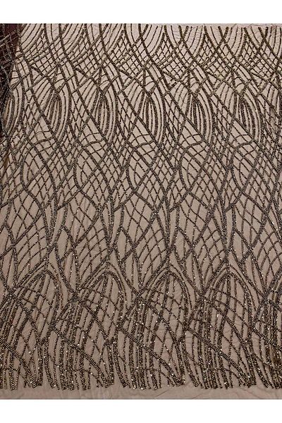 Luxuro Antique Gold Couture Lace with Linear Pattern, Beads and Sequins