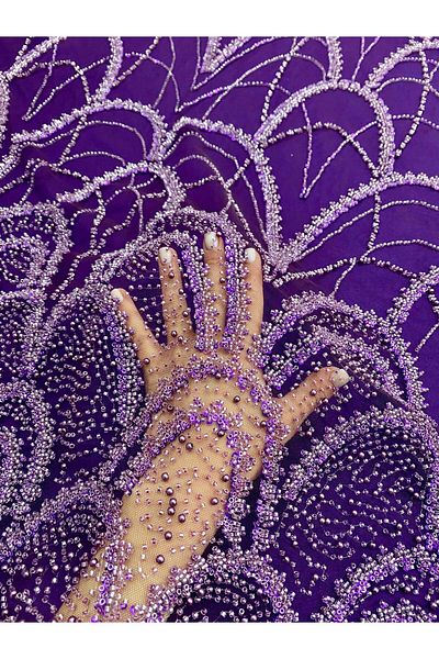 Luxuro Dark Purple Couture Lace with Geometric Pattern, with Pearls, Beads and Sequins