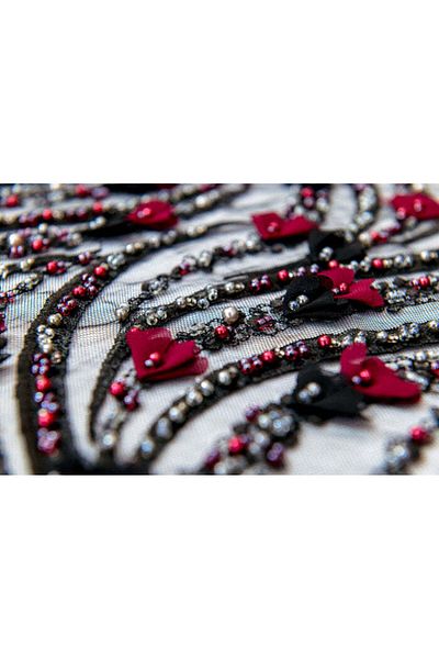 Luxuro Black Lace with Linear Pattern, with Pearls, Sequins, Beads and 3D Flowers