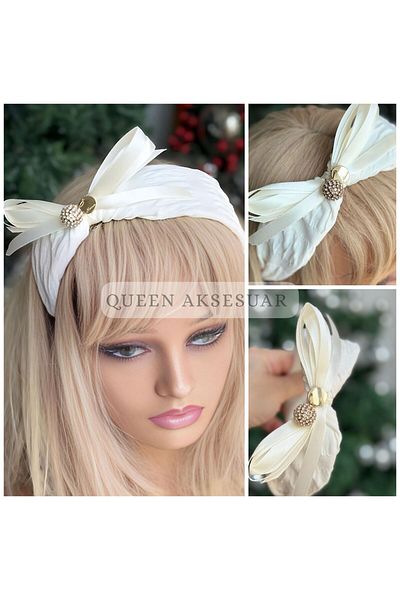 QUEEN AKSESUAR Luxury Crystal Stone Crown Gold Golden Hanging Bulk Ribbon Satin Bow Ribbon Women's Tiara Cream Whitea