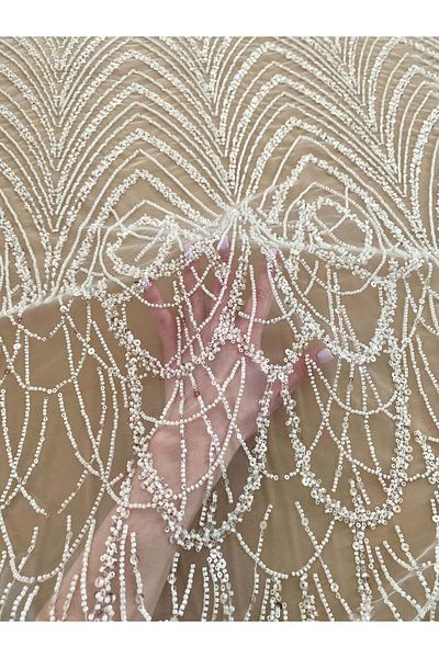 Luxuro Ivory Couture Lace with Geometric Pattern with Beads and Sequins