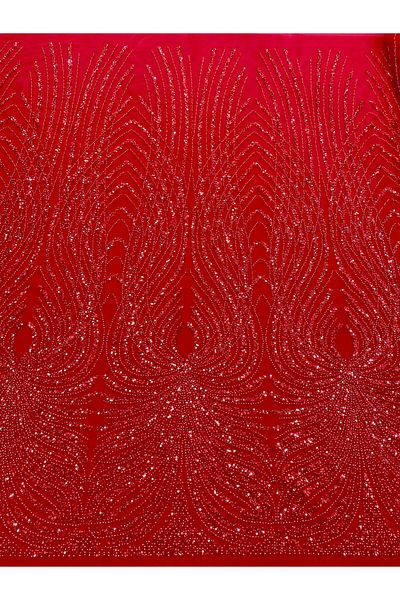 Luxuro Red Couture Lace with Panel, with Pearls, Beads and Sequins