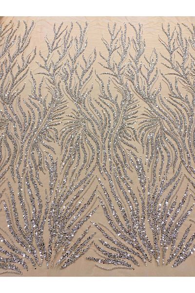 Luxuro Couture Silver Lace with Nude Tulle with Strings, Beads and Sequins