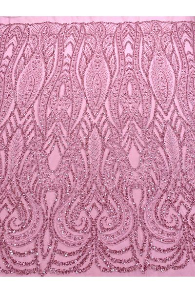 Luxuro Pink Couture Lace with Geometric Pattern, with Pearls, Beads and Sequins
