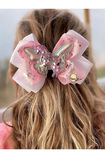 QUEEN AKSESUAR Luxury Design Unicorn Fancy Sequin Pink Automatic Clip Large Metallic Patterned Bow Buckle