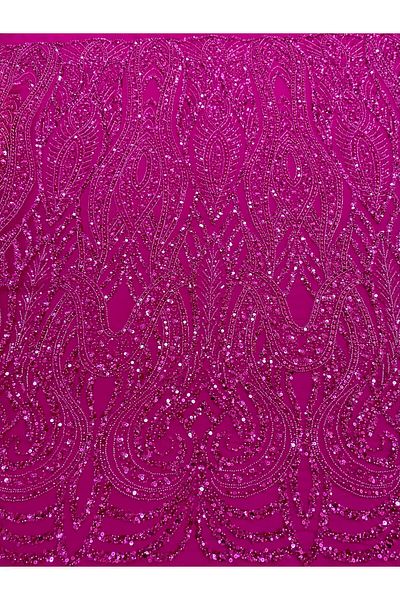 Luxuro Couture Fuchsia Lace with Geometric Pattern, with Pearls, Beads and Sequins