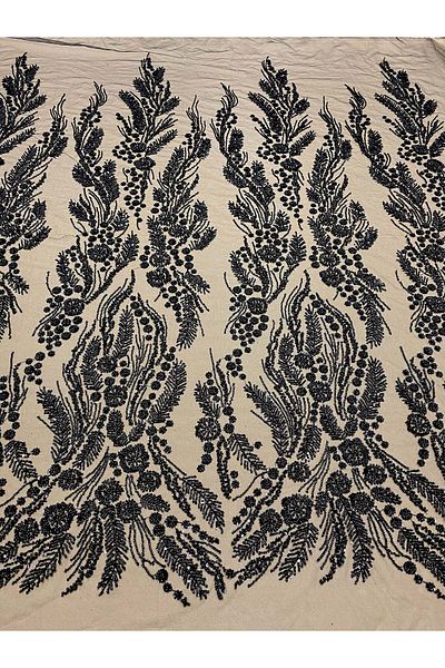 Luxuro Black Couture Lace with Floral Pattern, Pearls, Beads and Sequins