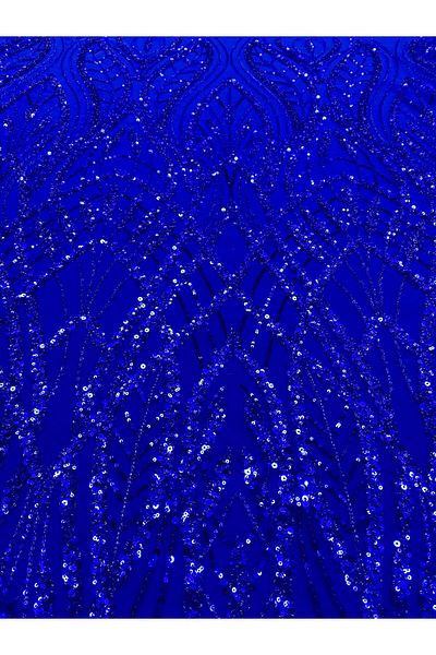 Luxuro Royal Blue Couture Lace with Geometric Pattern, Beads and Sequins