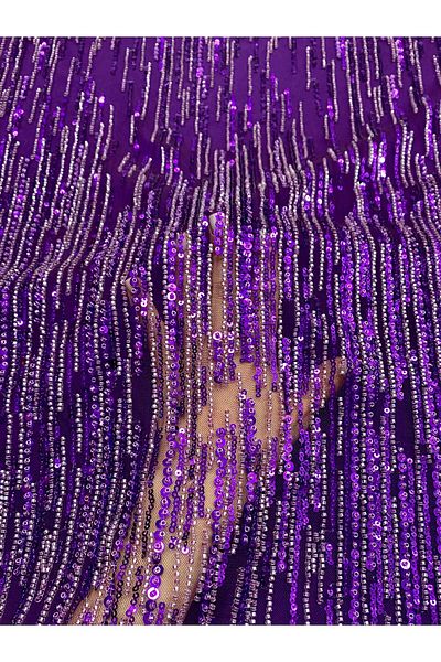 Luxuro Dark Purple Couture Lace with Linear Pattern, Beads and Sequins