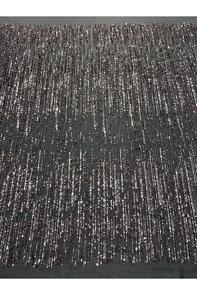 Luxuro Anthracite Grey Couture Lace with Linear Pattern, Beads and Sequins