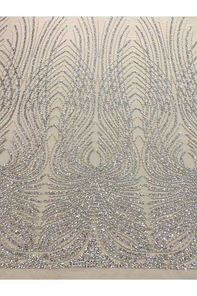 Luxuro Silver Couture Lace with Nude Tulle Panel, with Pearls, Beads and Sequins