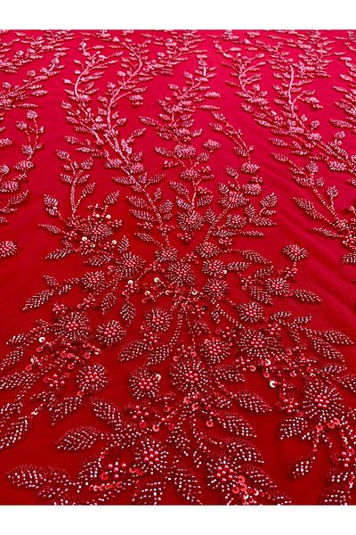 Luxuro Red Couture Lace with Floral Pattern, Pearls, Beads and Sequins