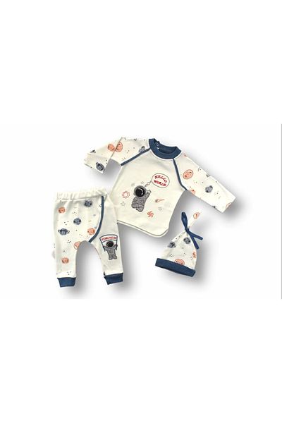 ALFA AKSESUAR 03 3-6 6-9 9-12 Months Cute Cosmonaut Embroidered Hat Long Sleeve Sweat 3 Piece Baby Girl-Boy Set Ecru