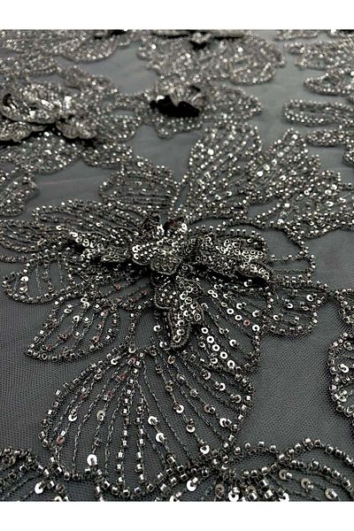 Luxuro Couture 3D Lace with Anthracite Grey Flowers with Beads and Sequins