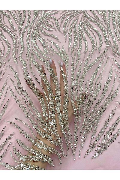 Luxuro Silver Couture Lace with Pink Tulle with Beads and Sequins