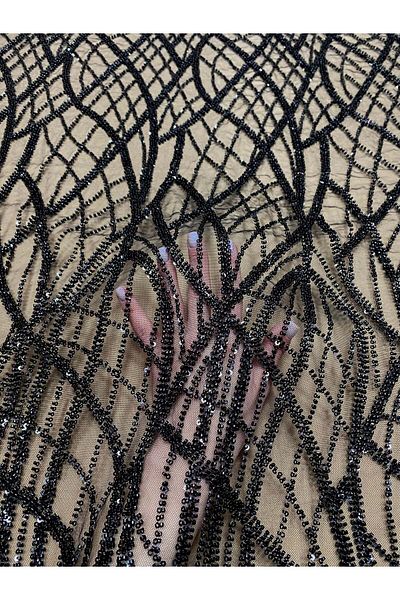 Luxuro Black Couture Lace with Linear Pattern, Beads and Sequins