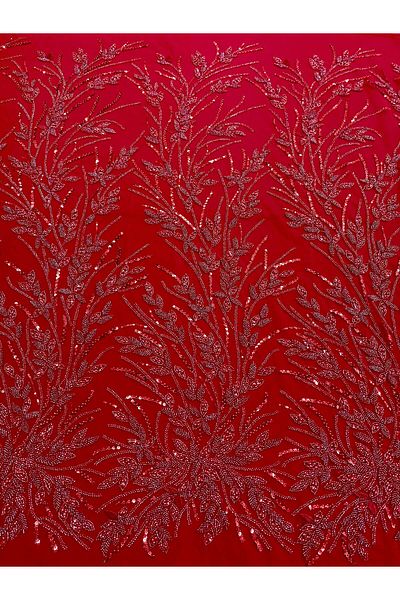 Luxuro Red Couture Lace with Floral Pattern, Pearls, Beads and Sequins