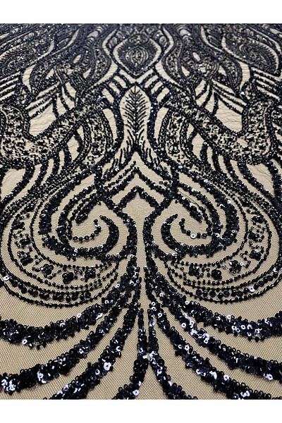 Luxuro Black Couture Lace with Geometric Pattern, with Pearls, Beads and Sequins