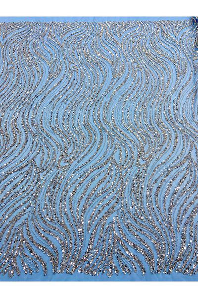Luxuro Couture Silver Lace with Blue Tulle with Linear Pattern, Beads and Sequins