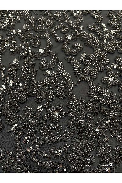 Luxuro Anthracite Grey Couture Lace with Geometric Pattern, Beads and Sequins
