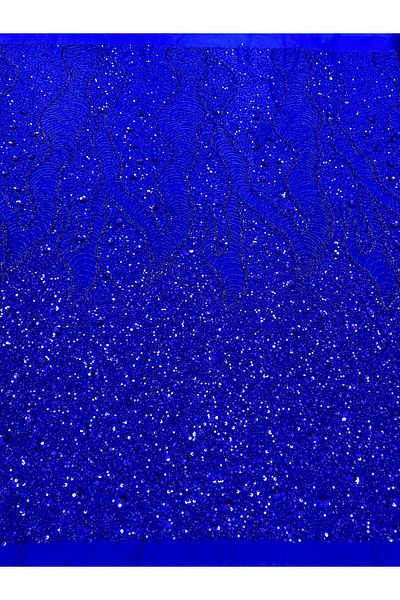 Luxuro Royal Blue Couture Lace with Geometric and Floral Pattern, with Beads and Sequins