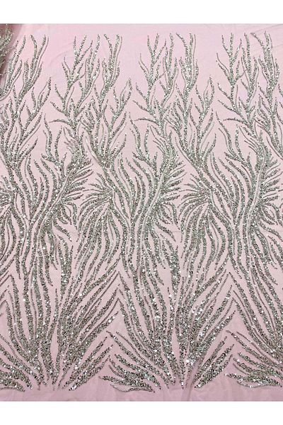 Luxuro Silver Couture Lace with Pink Tulle with Beads and Sequins