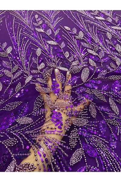 Luxuro Dark Purple Couture Lace with Floral Pattern, with Pearls, Beads and Sequins