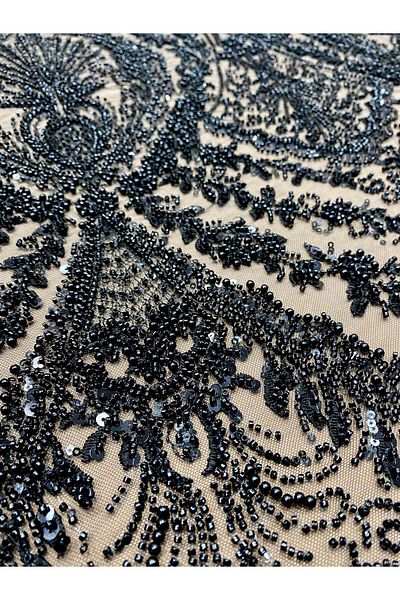 Luxuro Black Couture Lace with Geometric Pattern, with Pearls, Beads and Sequins