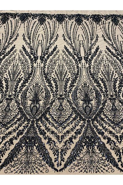 Luxuro Black Couture Lace with Geometric Pattern, with Pearls, Beads and Sequins