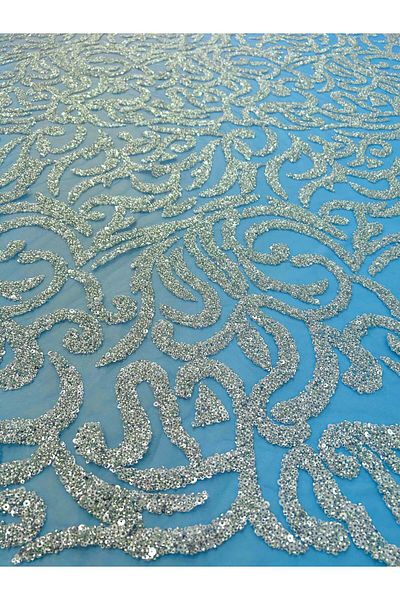 Luxuro Silver Couture Lace with Sky Blue Tulle, with Beads and Sequins -