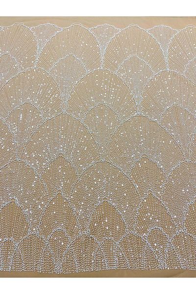 Luxuro Ivory Couture Lace with Nude Tulle with Geometric Pattern, with Pearls, Beads and Sequins