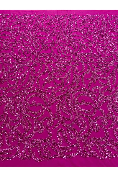 Luxuro Couture Fuchsia Lace with Geometric Pattern, Beads and Sequins