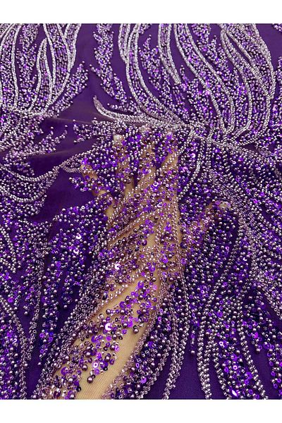 Luxuro Dark Purple Couture Lace with Panel, with Pearls, Beads and Sequins