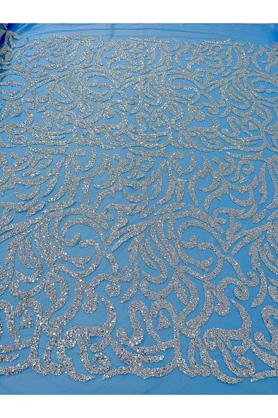 Luxuro Silver Couture Lace with Sky Blue Tulle, with Beads and Sequins -