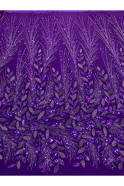 Luxuro Dark Purple Couture Lace with Floral Pattern, with Pearls, Beads and Sequins