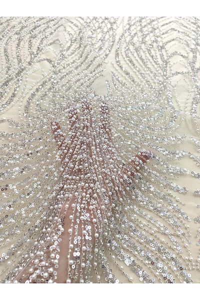 Luxuro Silver Couture Lace with Panel, with Pearls, Beads and Sequins