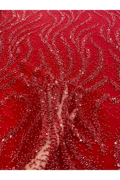 Luxuro Red Couture Lace with Pearls, Beads and Sequins