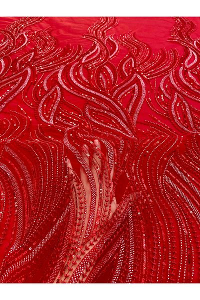Luxuro Red Couture Lace with Linear Pattern, Beads and Sequins