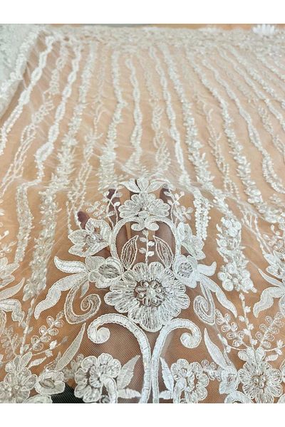 Luxuro Lace with Linear Pattern with Flowers, Pearls and Sequins
