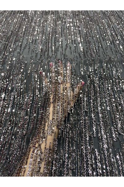 Luxuro Anthracite Grey Couture Lace with Linear Pattern, Beads and Sequins