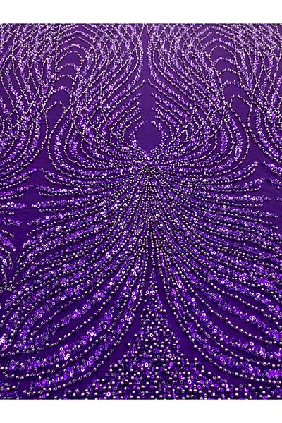 Luxuro Dark Purple Couture Lace with Panel, with Pearls, Beads and Sequins
