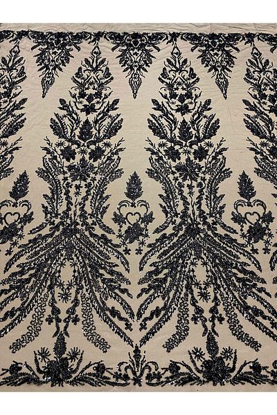 Luxuro Black Couture Lace with Floral Pattern, with Pearls, Beads and Sequins