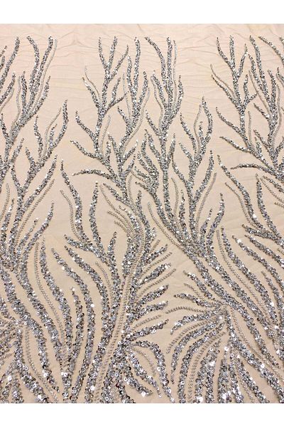 Luxuro Couture Silver Lace with Nude Tulle with Strings, Beads and Sequins