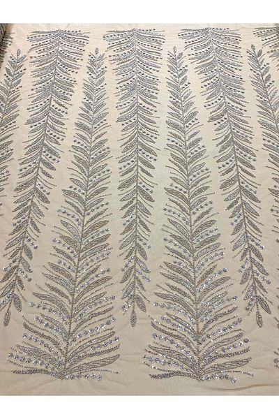 Luxuro Silver Couture Lace with Nude Tulle with Branches, Beads and Sequins