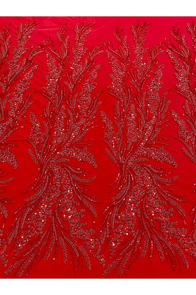 Luxuro Red Couture Lace with Floral Pattern, Beads and Sequins