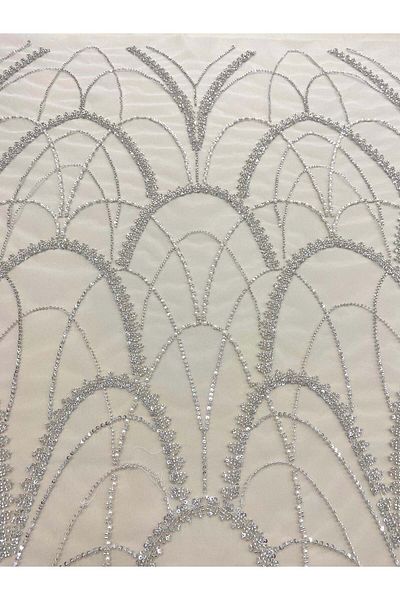 Luxuro Silver Couture Lace with Geometric Pattern, with Pearls, Beads and Sequins