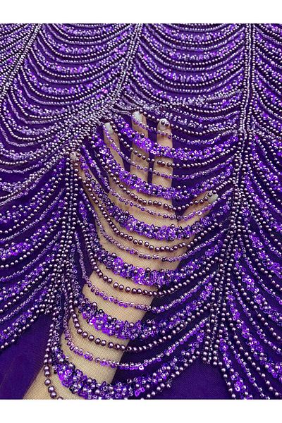 Luxuro Dark Purple Couture Lace with Geometric Pattern, with Pearls, Beads and Sequins