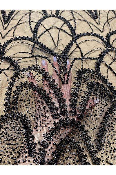 Luxuro Black Couture Lace with Geometric Pattern, with Pearls, Beads and Sequins