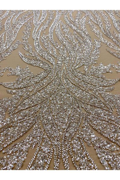 Luxuro Silver Couture Lace on Nude Tulle with Panel, with Pearls, Beads and Sequins