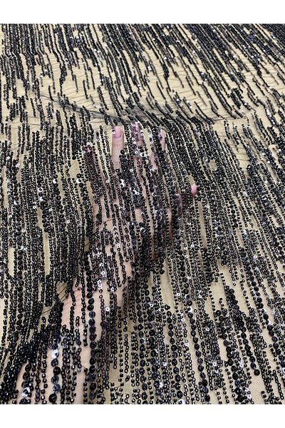 Luxuro Black Couture Lace with Linear Pattern, Beads and Sequins